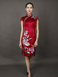 Wine red short  embroidery cheongsam