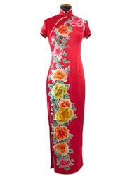 Red silk with peony embroidery cheongsam SQE118