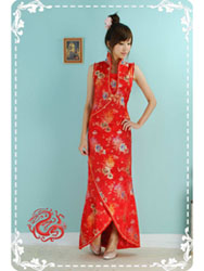 Red mum with peony brocade dress