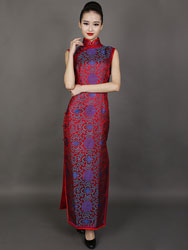 Purple rich flower on Dark red cheongsam