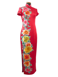 Red silk peony embroidery cheongsam SQE119