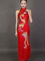 Red chinese wedding dress with dragon and phoenix