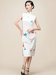 White silk embroidery short cheongsam dress
