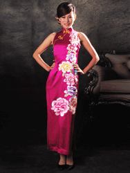 Bright fusia red peony emboidery silk cheongsam SQE192 