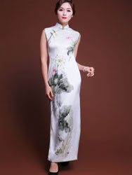 Handpainted lotus flowers silk cheongsam 