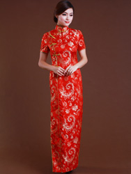 Red golden phoenix tail flower cheongsam