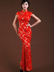 Red silk satin fishtail dress