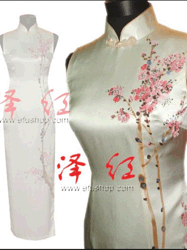 Ivory silk with plum handpainted cheongsam dress SQH01