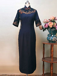 Dark-blue cheongsam dress with wide lace piping