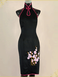 Black silk with emboirdery halter cheongsam dress sqe108