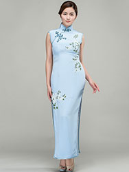 Hand-painted water-blue silk long  qipao dress