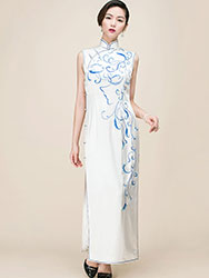 New Luxurious White Embroidered Roses Long Dress Cheongsam Qipao lcdress115