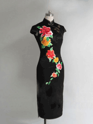 Black silk brocade with peony embroidery cheongsam dress SQE146