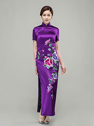 Purple satin with peonies embroidery cheongsam dress